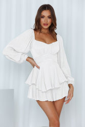 Solid Color Women Autumn Clothes Square Collar Lantern Long Sleeve One-Piece Ruffled Romper