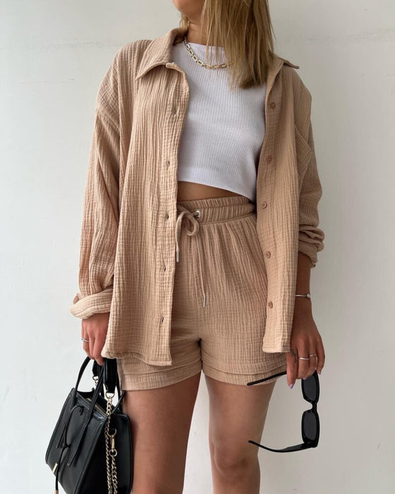 Spring Summer Casual Solid Color Shirt Shorts Two Piece Set Women