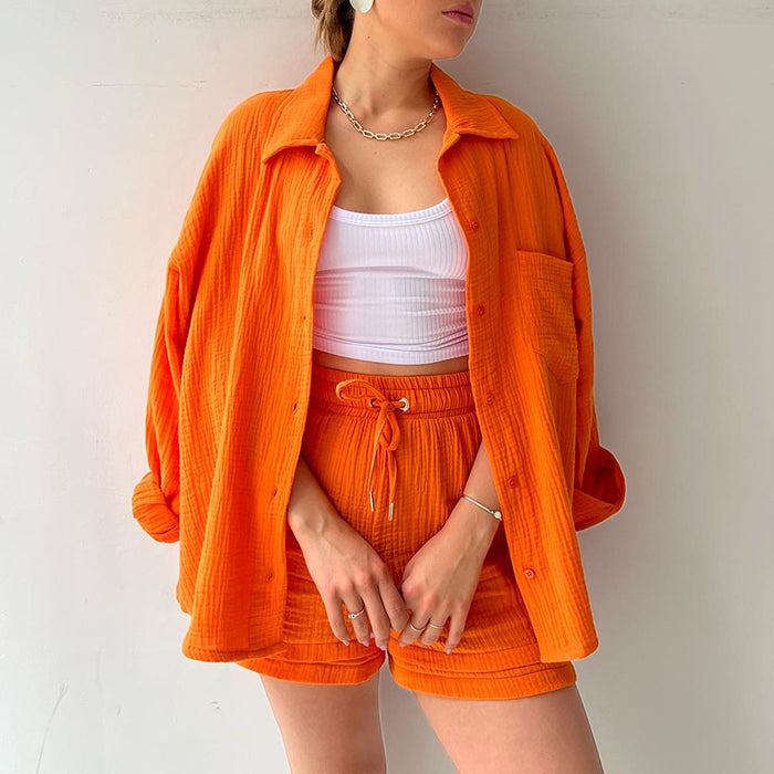 Spring Summer Casual Solid Color Shirt Shorts Two Piece Set Women