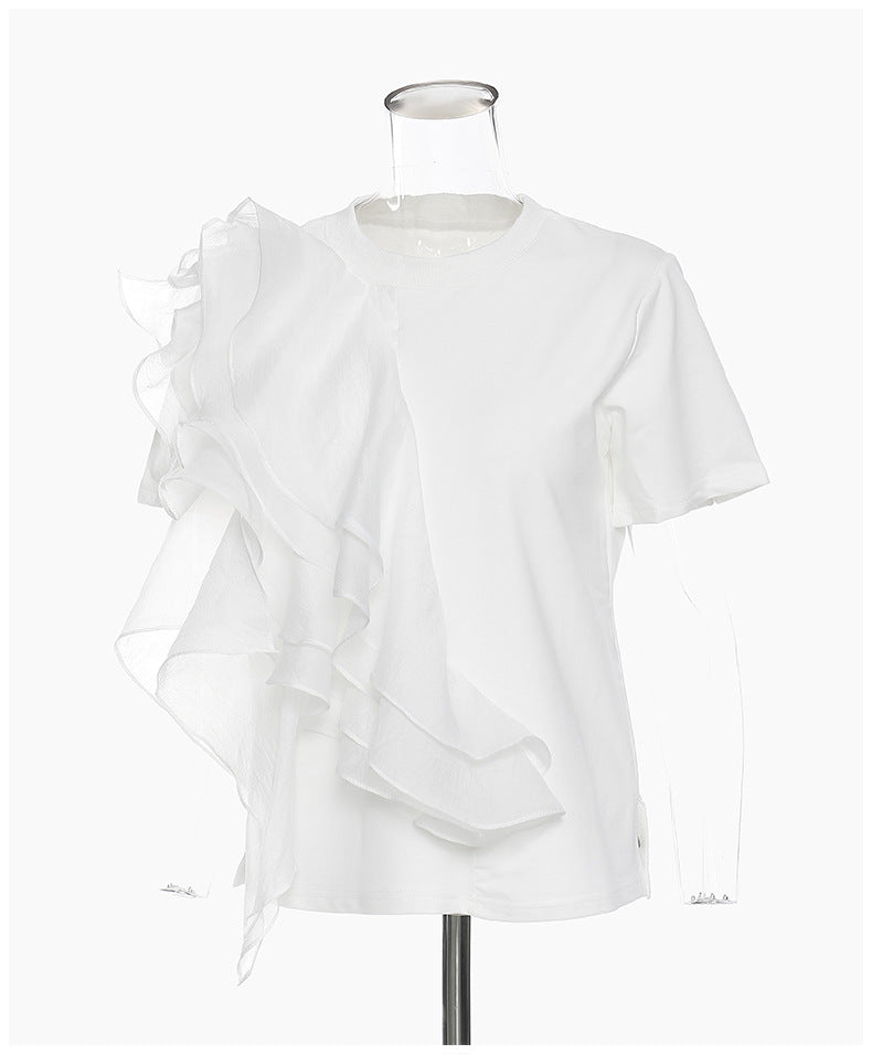 Spring Summer Large Ruffled Laminated Stitching Contrast Color Pullover Short Sleeved T shirt Slimming Top