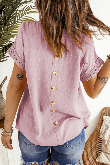 Apricot Swiss Dot Lace Splicing Short Sleeve Top