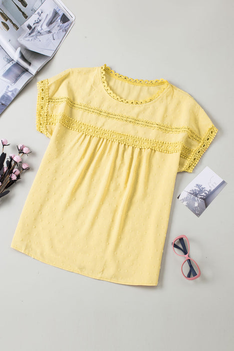 Apricot Swiss Dot Lace Splicing Short Sleeve Top