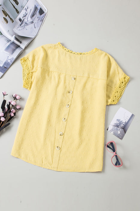 Apricot Swiss Dot Lace Splicing Short Sleeve Top