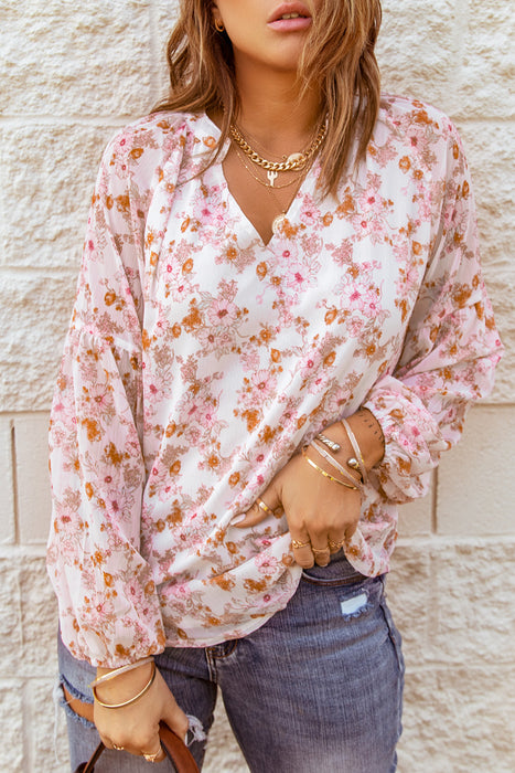 Multicolor Floral Print V Neck Long Puff Sleeve Top