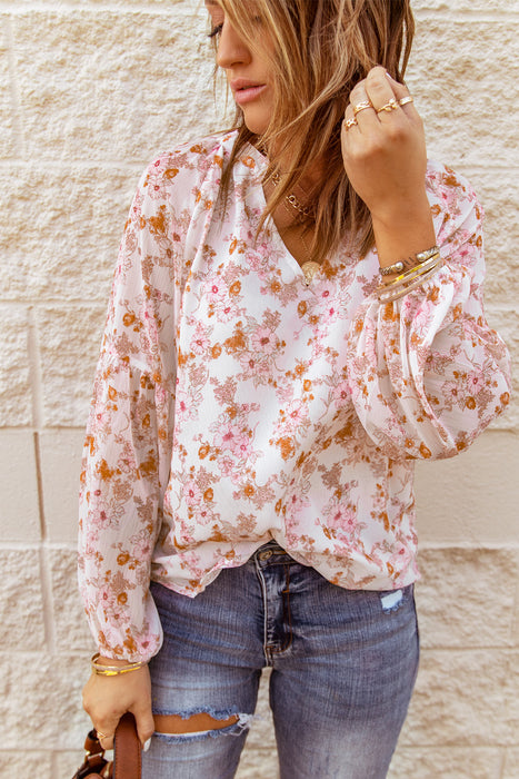 Multicolor Floral Print V Neck Long Puff Sleeve Top