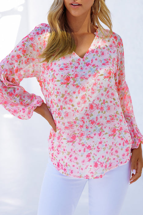 Multicolor Floral Print V Neck Long Puff Sleeve Top