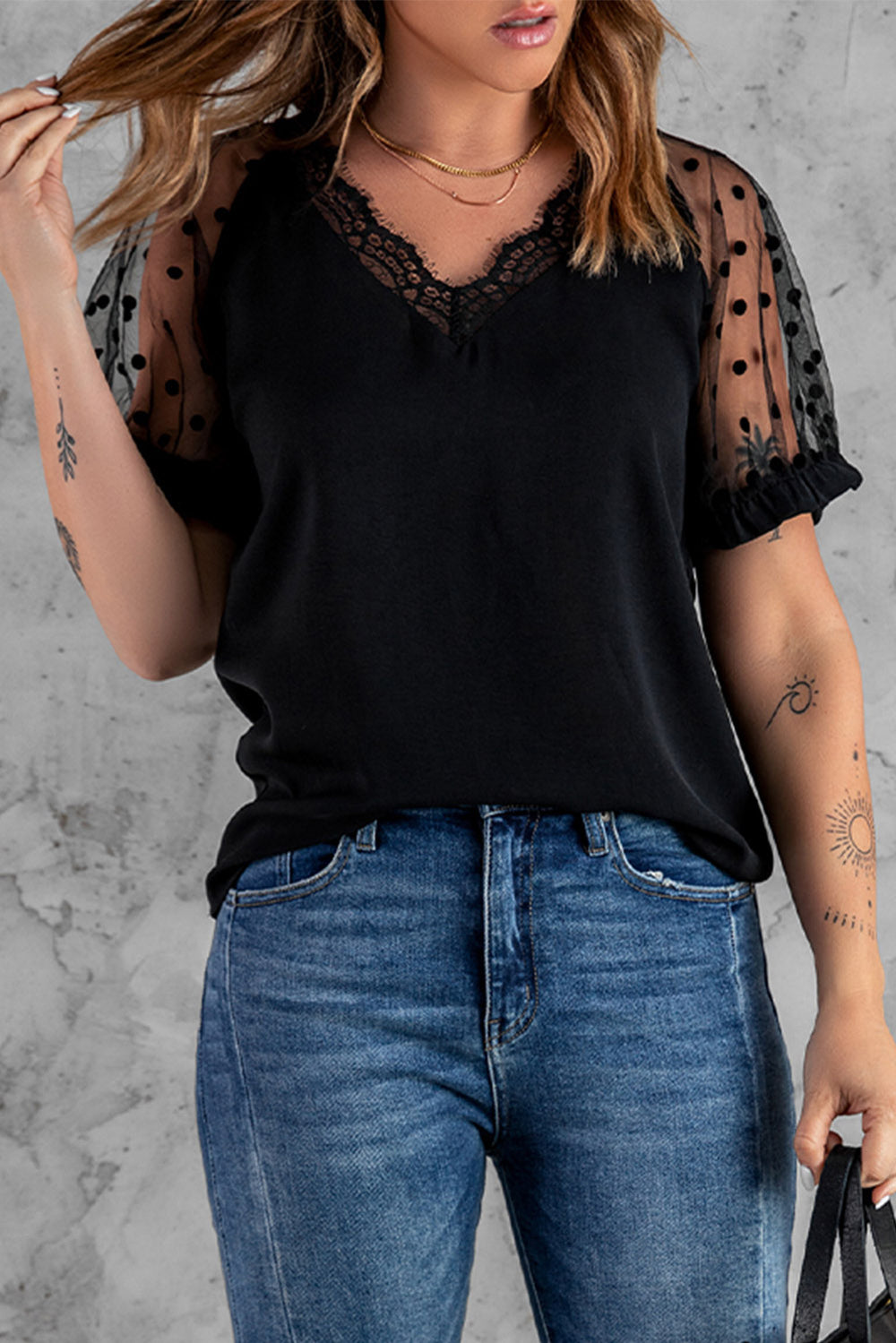 Black Polka Dot Mesh Patchwork Short Sleeve Blouse