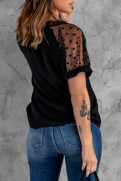 Black Polka Dot Mesh Patchwork Short Sleeve Blouse