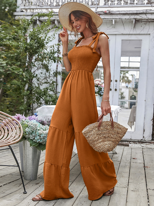 Women Summer Ruffled Tether Wide Legs Jumpsuits