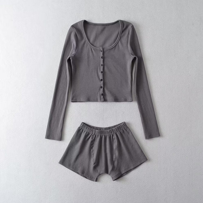 Sexy round Neck Single Breasted Short Cropped Cardigan T shirt Top Elastic Waist Slim Short Two Piece Suit