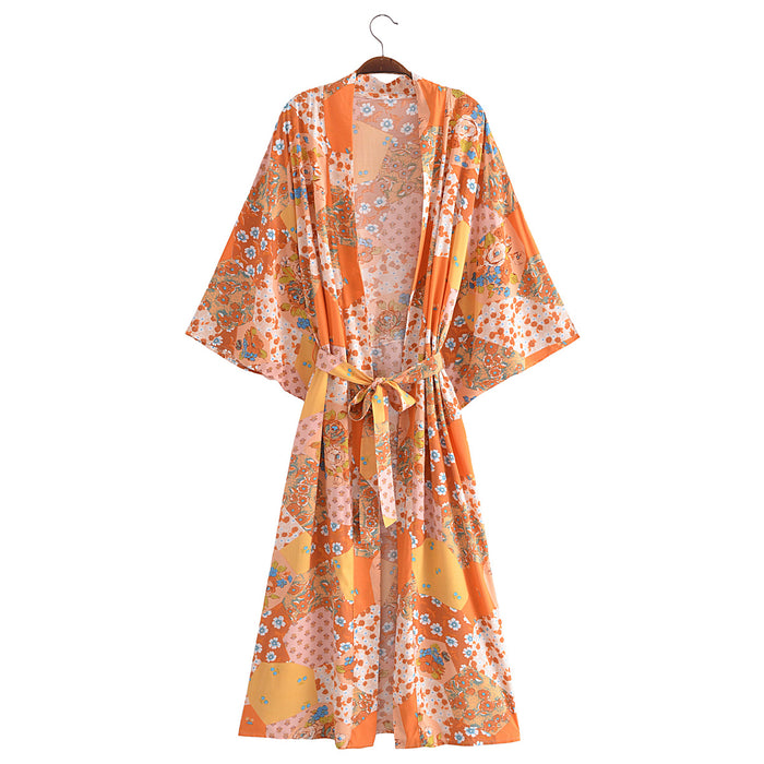 Spring Women Print Loose Lace up Kimono Robe Kimono