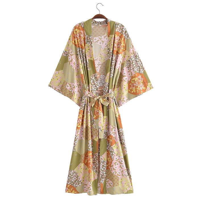 Spring Women Print Loose Lace up Kimono Robe Kimono