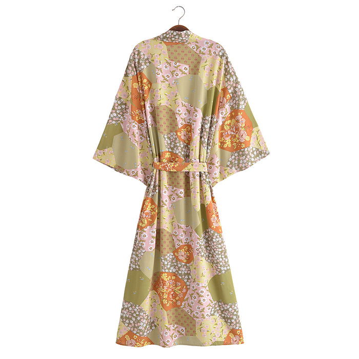 Spring Women Print Loose Lace up Kimono Robe Kimono