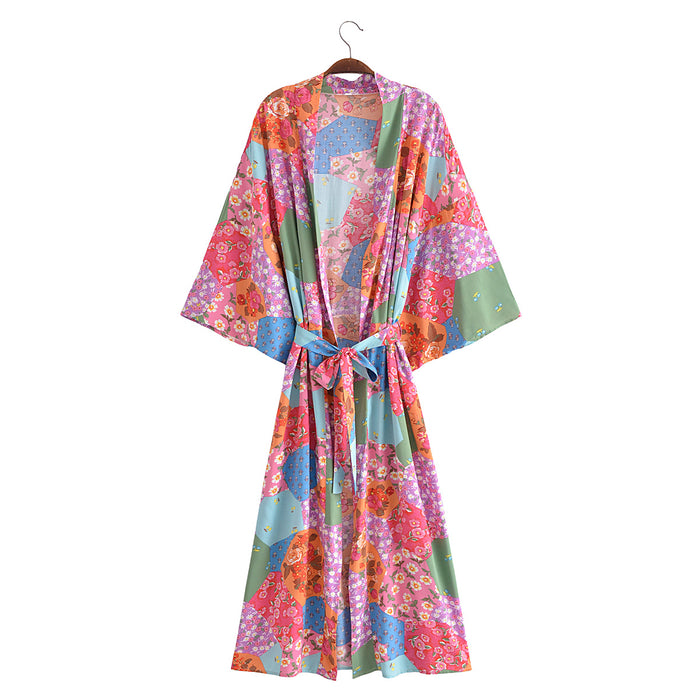 Spring Women Print Loose Lace up Kimono Robe Kimono