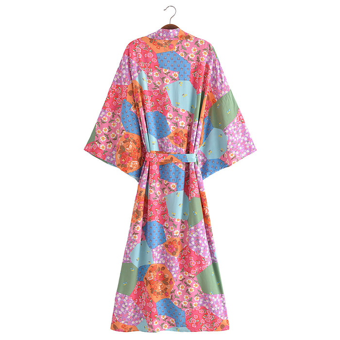 Spring Women Print Loose Lace up Kimono Robe Kimono