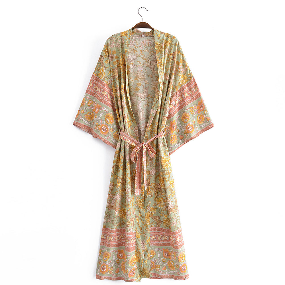 Spring Women Rayon Positioning Floral Belt Long Kimono Cardigan Kimono