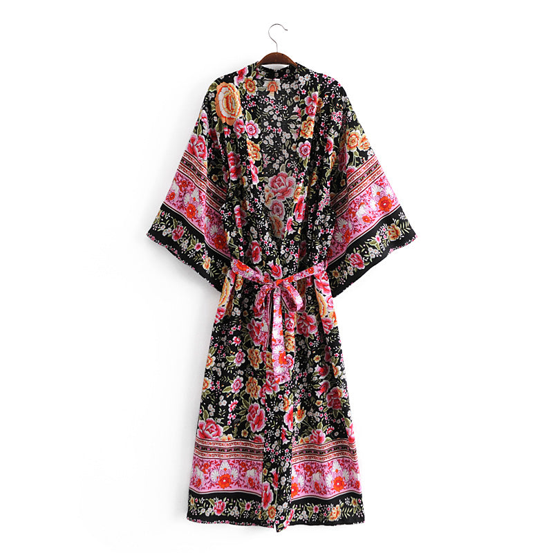Spring Hipster Women V neck Regular Dress Kimono