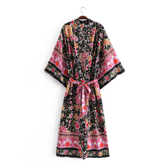 Spring Hipster Women V neck Regular Dress Kimono