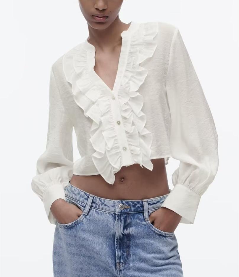 Spring French Ruffled V neck Loose Top White Laminated Decoration Shirt