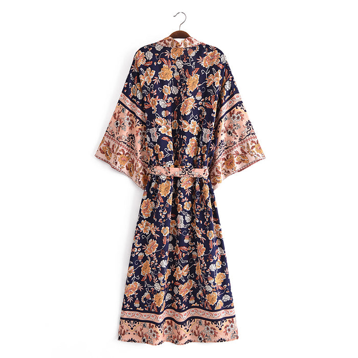 Spring Women Rayon Positioning Floral Belt Cardigan Coat Kimono