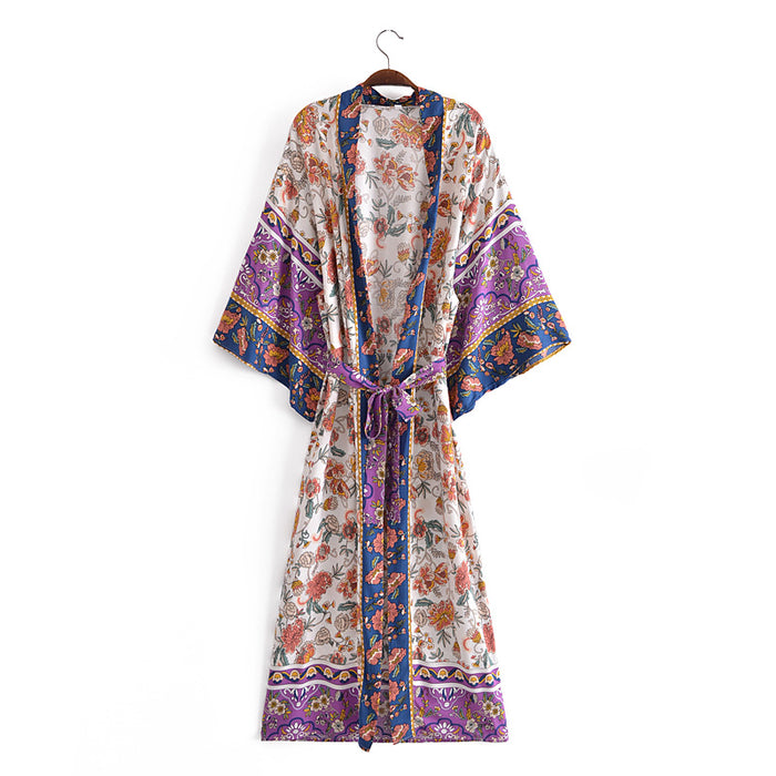 Spring Women Rayon Positioning Floral Belt Cardigan Coat Kimono