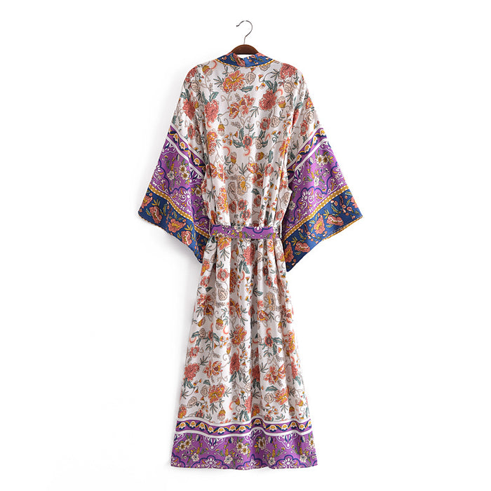 Spring Women Rayon Positioning Floral Belt Cardigan Coat Kimono