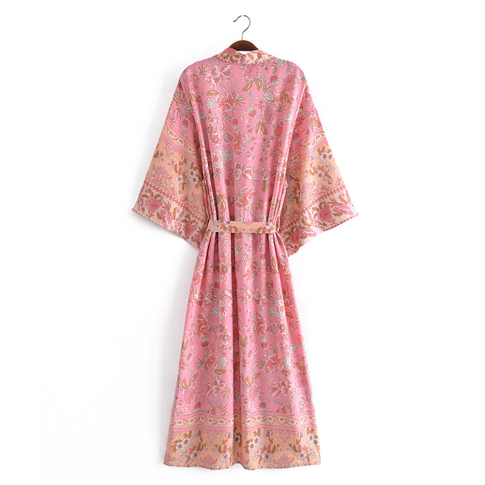 Spring Women Rayon Positioning Floral Belt Cardigan Coat Kimono