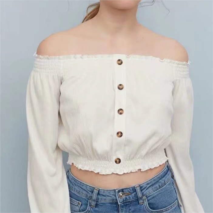 Slim Fit Elastic off Shoulder Wooden Ear White Cropped Shirt Top