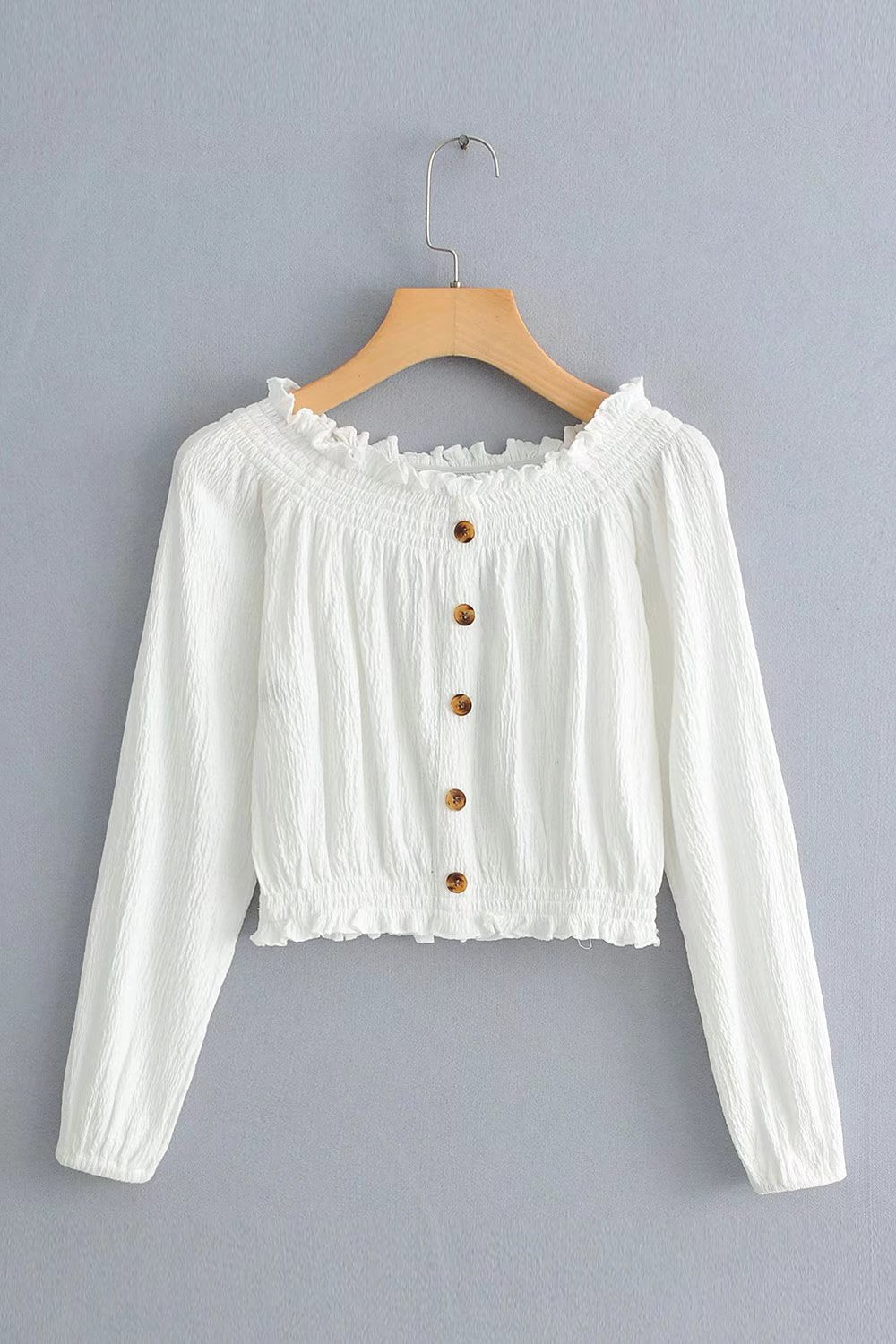 Slim Fit Elastic off Shoulder Wooden Ear White Cropped Shirt Top