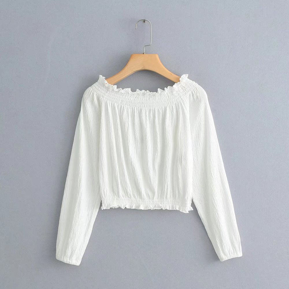 Slim Fit Elastic off Shoulder Wooden Ear White Cropped Shirt Top