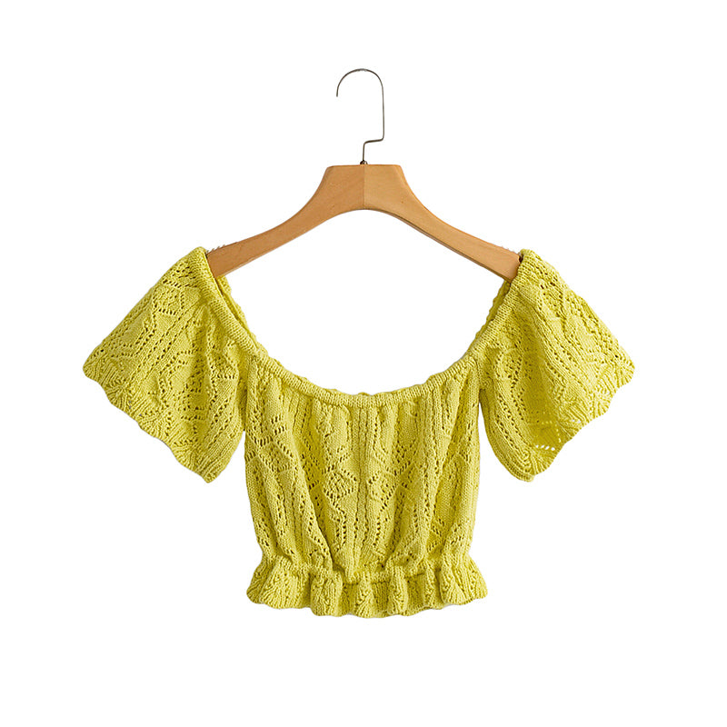 Spring Women Jacquard Hollow Out Cutout off Shoulder Sexy Knitted Top