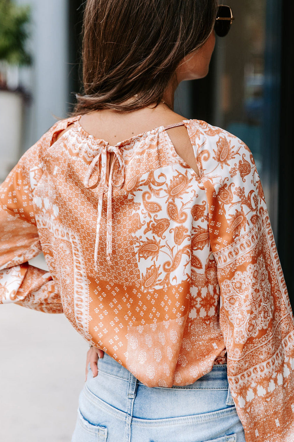 Orange Boho Printed Drawstring Round Neck Blouse