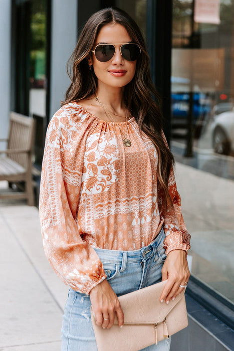 Orange Boho Printed Drawstring Round Neck Blouse