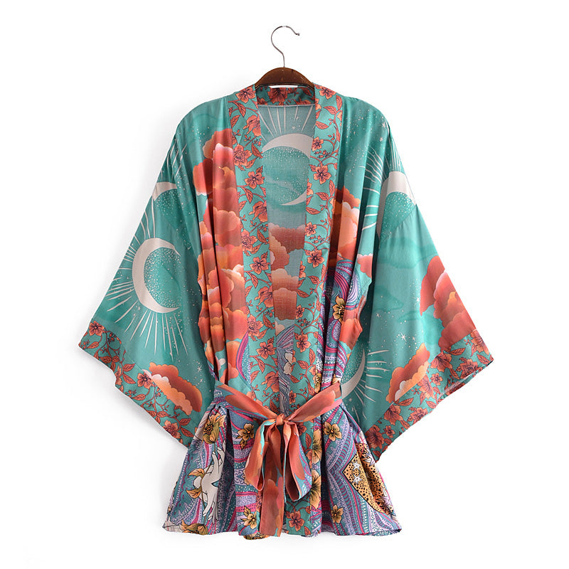 Spring Women Positioning Floral Belt Moon Kimono