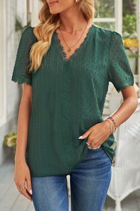 Green Lace Splicing V Neck Swiss Dot Short Sleeve Top