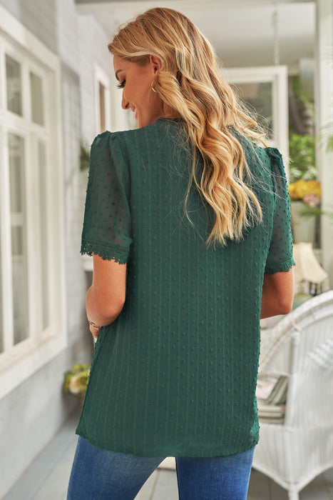 Green Lace Splicing V Neck Swiss Dot Short Sleeve Top