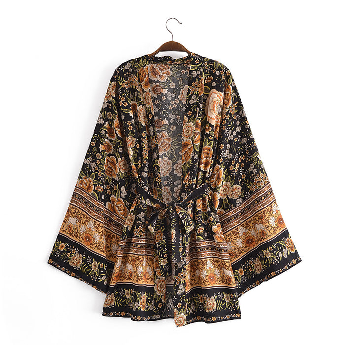 Summer Wind Women Positioning Floral Belt Kimono Jacket Kimono