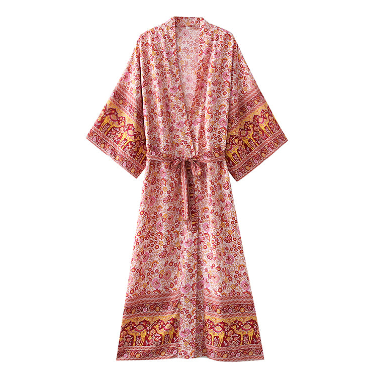Spring Summer Positioning Floral Belt Kimono Kimono