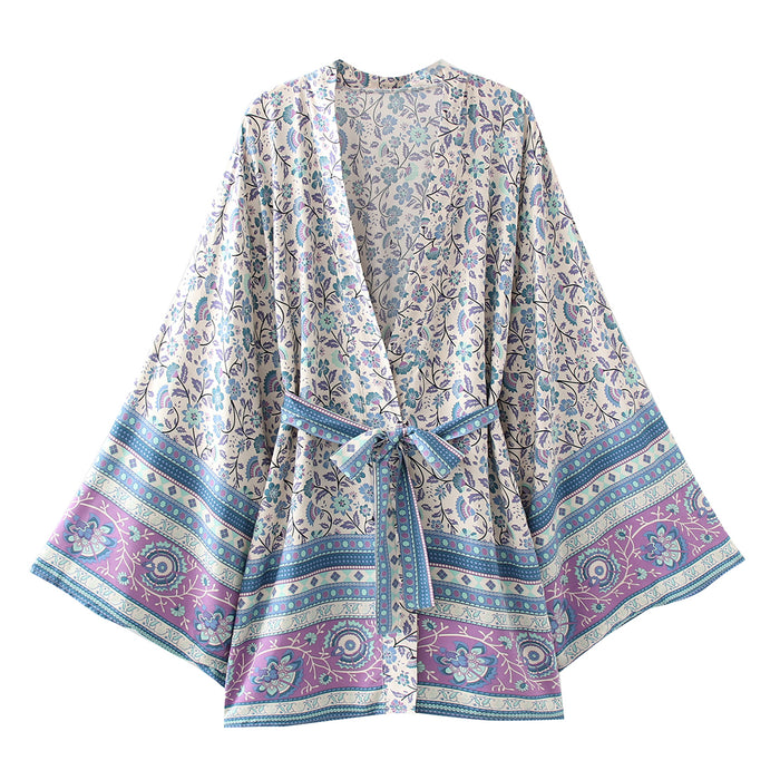 V neck Print Fitting Short Kimono Dress Kimono