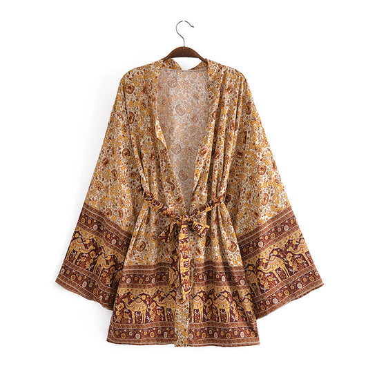 Exclusive Printed Totem Cardigan Loose Sleeves Short Kimono Dress Kimono