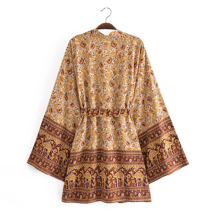 Exclusive Printed Totem Cardigan Loose Sleeves Short Kimono Dress Kimono