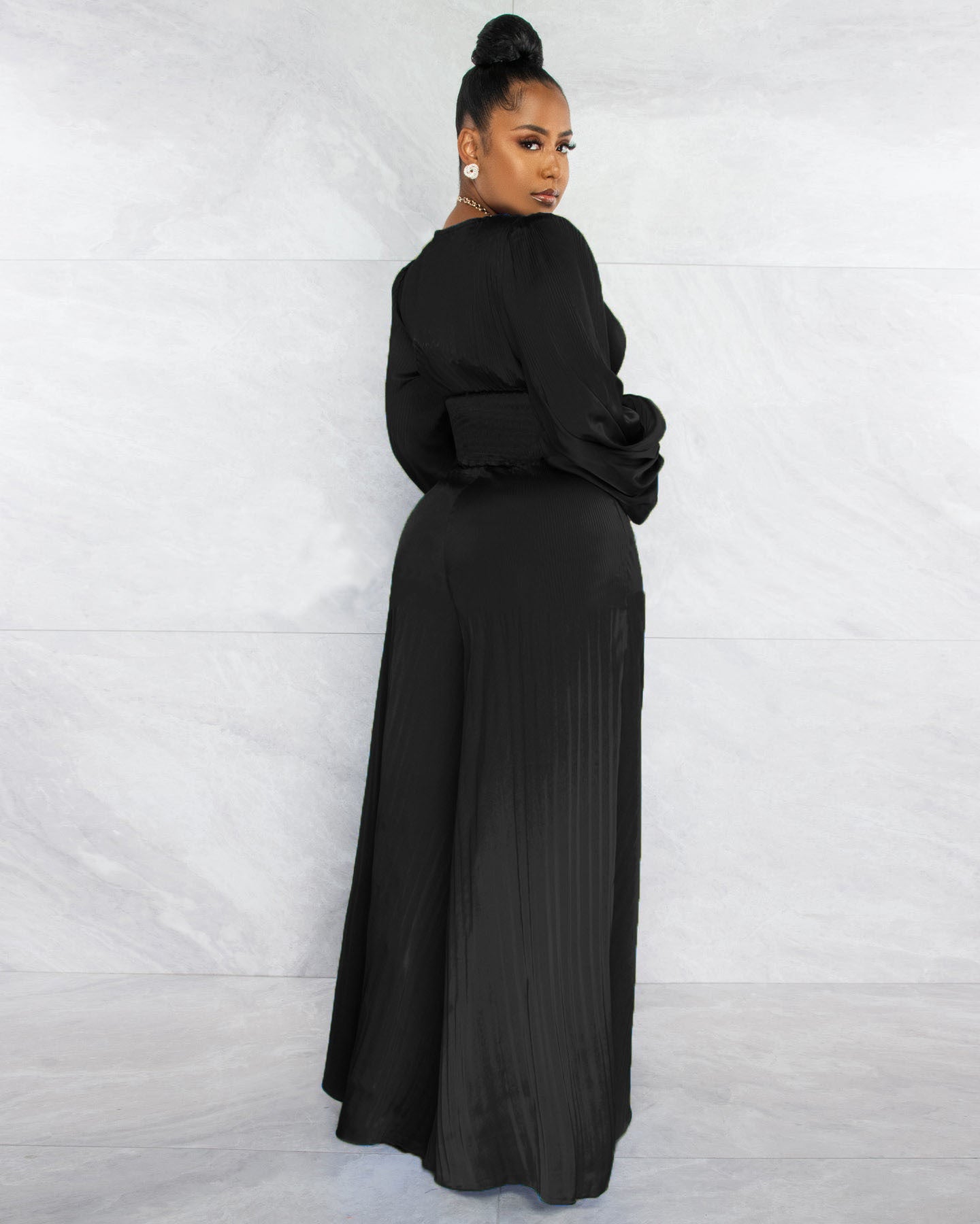 Women Clothing Autumn Winter Pleated Sexy V-neck Top Wide Leg Pants Casual Suit