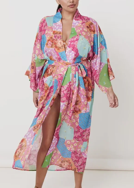 Spring Women Print Loose Lace up Kimono Robe Kimono