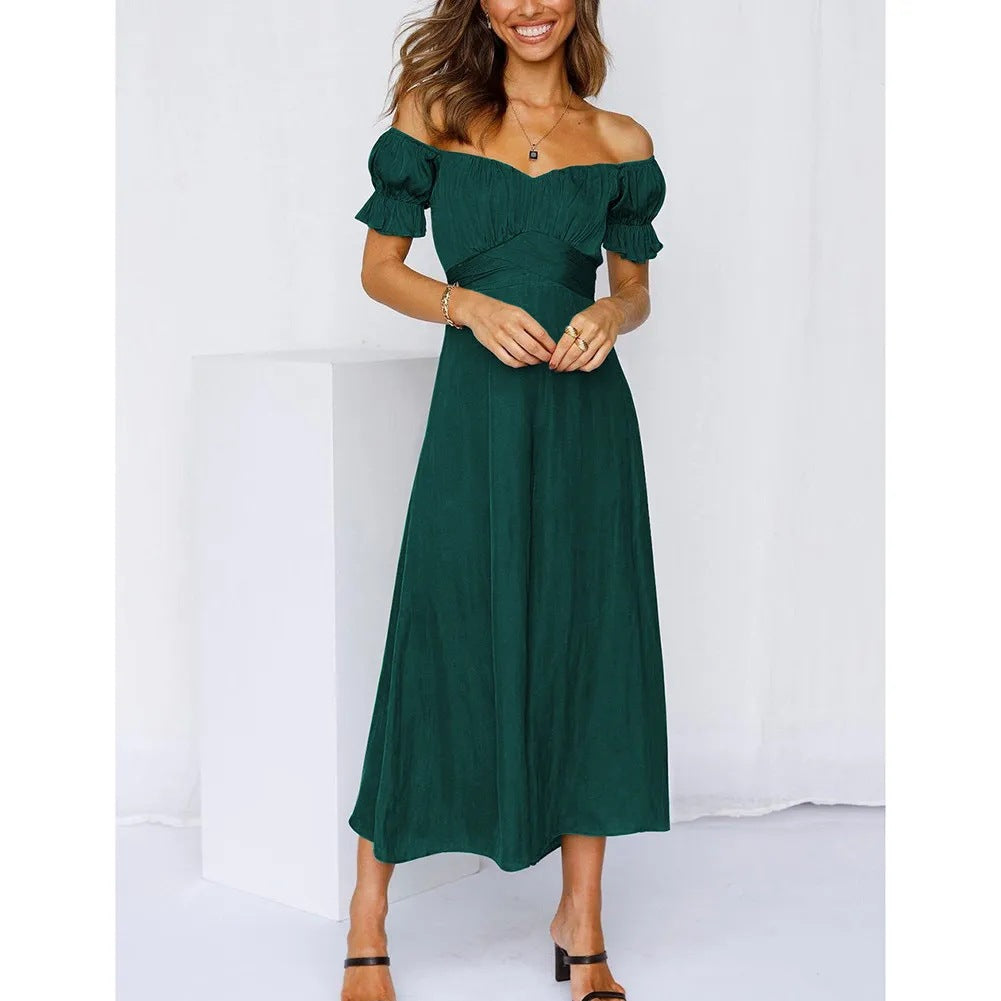 Spring Summer Women Clothing Solid Color off-the-Shoulder Jumpsuit