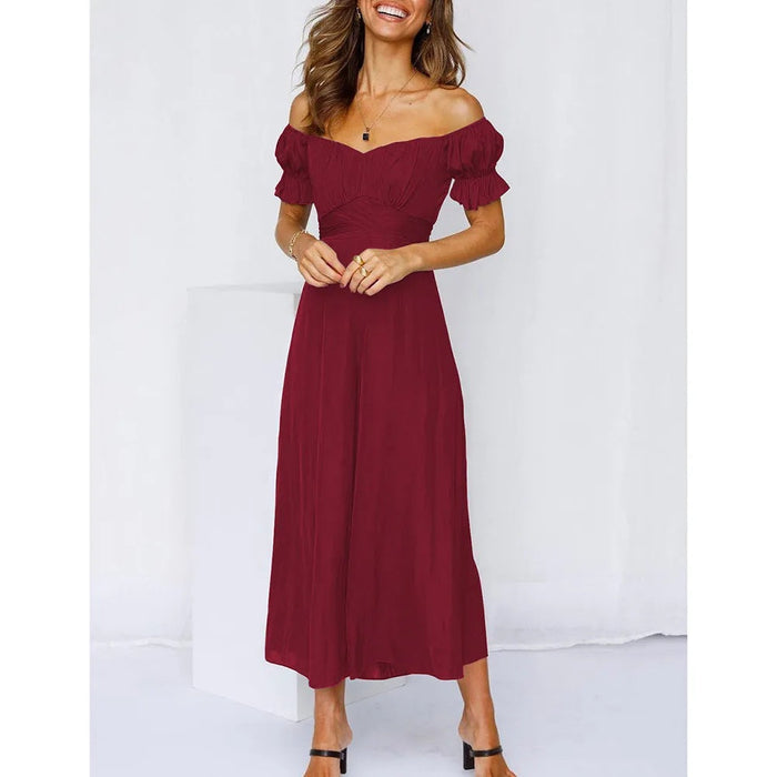 Spring Summer Women Clothing Solid Color off-the-Shoulder Jumpsuit