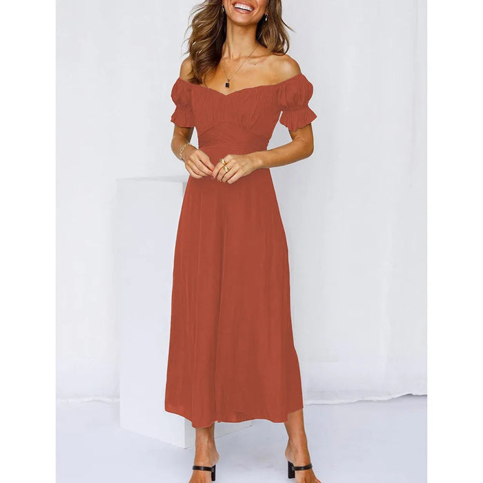 Spring Summer Women Clothing Solid Color off-the-Shoulder Jumpsuit