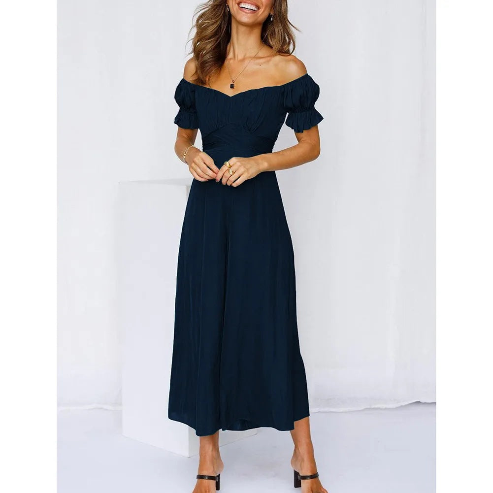 Spring Summer Women Clothing Solid Color off-the-Shoulder Jumpsuit