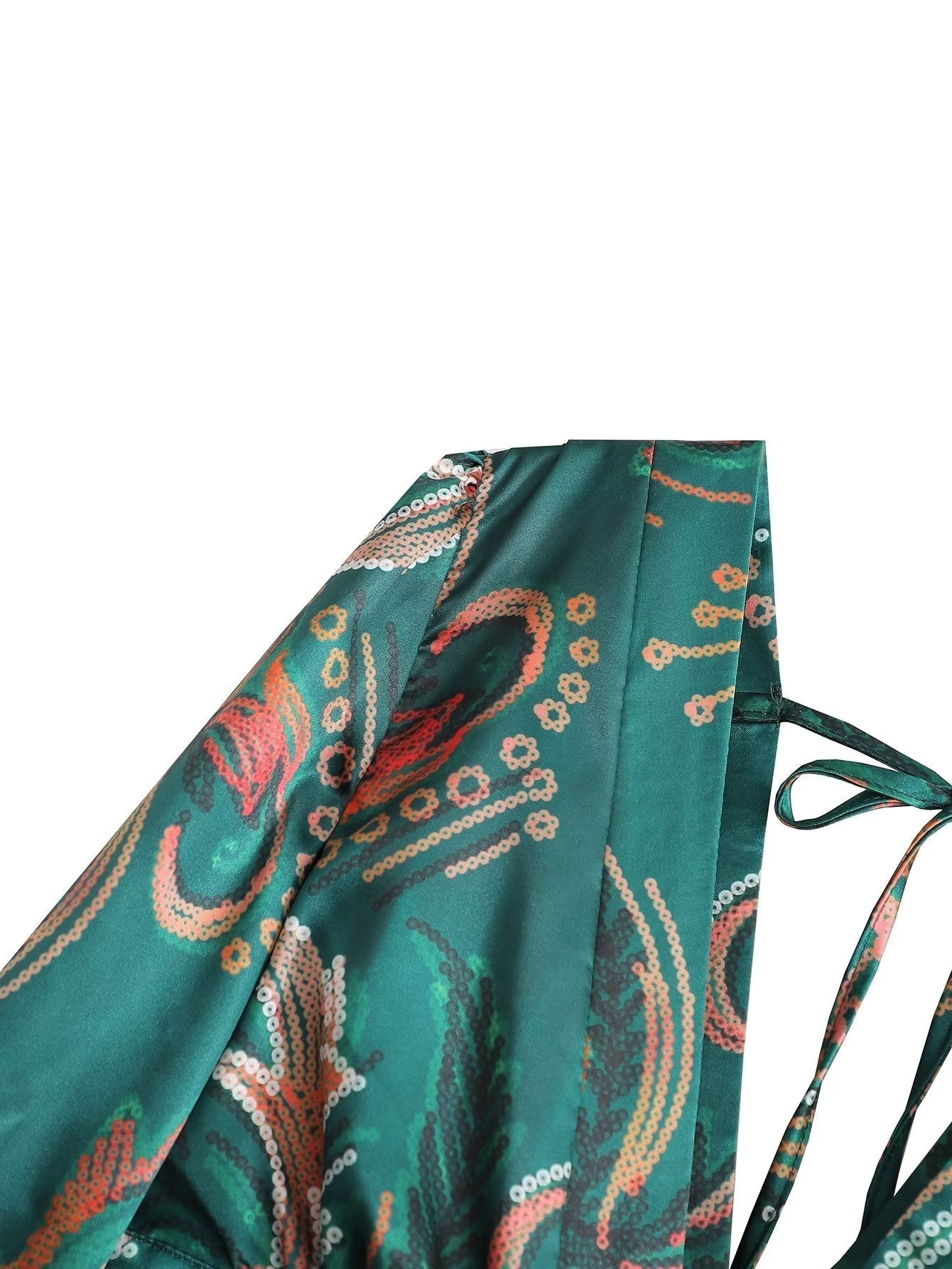 Women Spring Satin Printed Skirt Two Piece Set Tie Ruffle