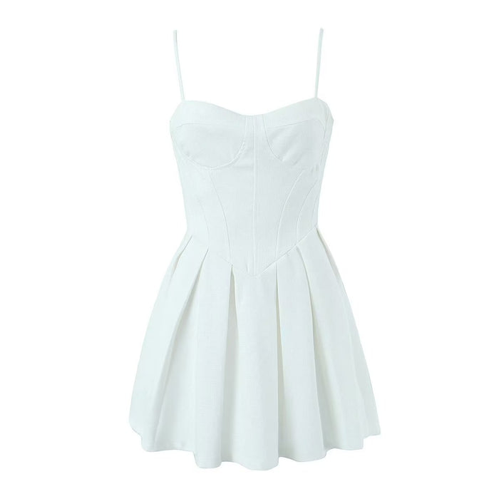 【MOQ-5 packs】 Spring Fashionable White Ultra Short Suspender High Waist Slim Fit Backless Dress