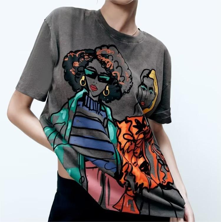 Autumn Winter Loose All Matching Girl Printed Pattern Round Neck Short Sleeve T Shirt